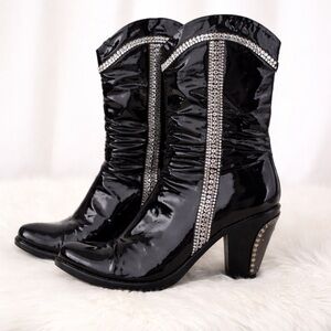 BALDININI ITALIAN PATENT LEATHER BOOTS WITH CRYSTALS AND HEEL PLATE
